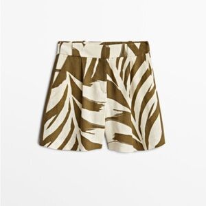 Massimo Dutti Bermuda Shorts Pleated Linen Brown Off White Palm Botanical NWT 10